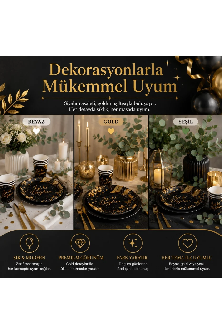 Karton Tabak Bardak Seti 8 Tabak 8 Bardak Tek Kullanımlık Doğum Günü Parti Sofra Seti | Siyah, Yeşil ve Gold Renk Seçenekleri gorsel 7