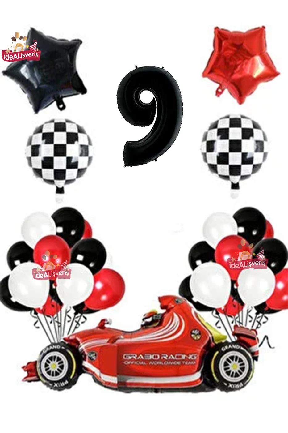 Formula Yarış Arabası 9 Yaş Siyah Kırmızı Beyaz Konsept Doğum Günü Parti Seti
