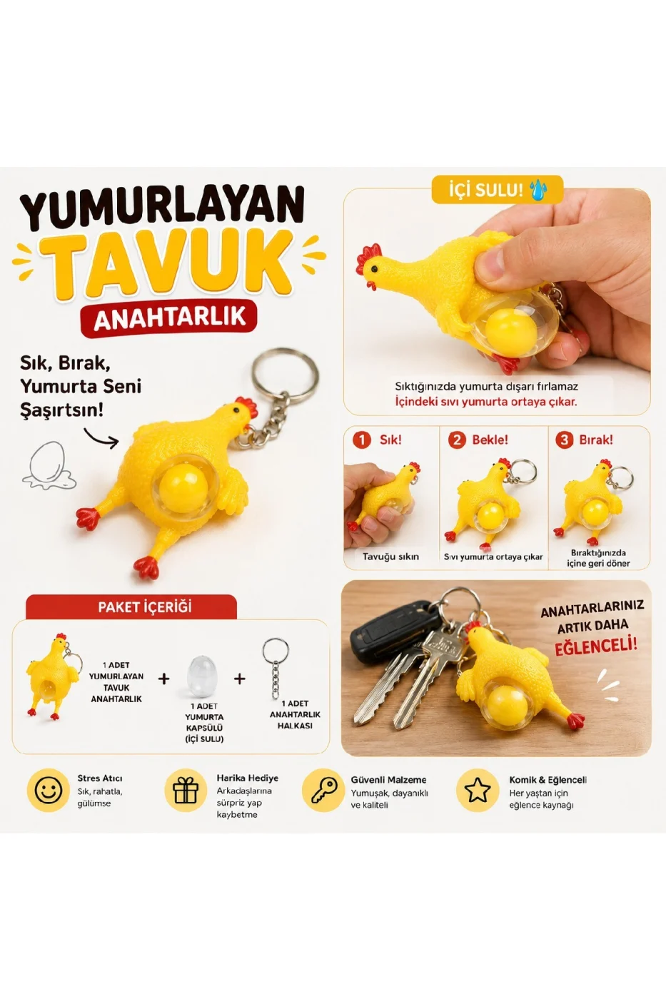 Yumurtlayan Tavuk Anahtarlık Sıkmalı Stres Oyuncağı Squishy Komik Hediyelik Oyuncak