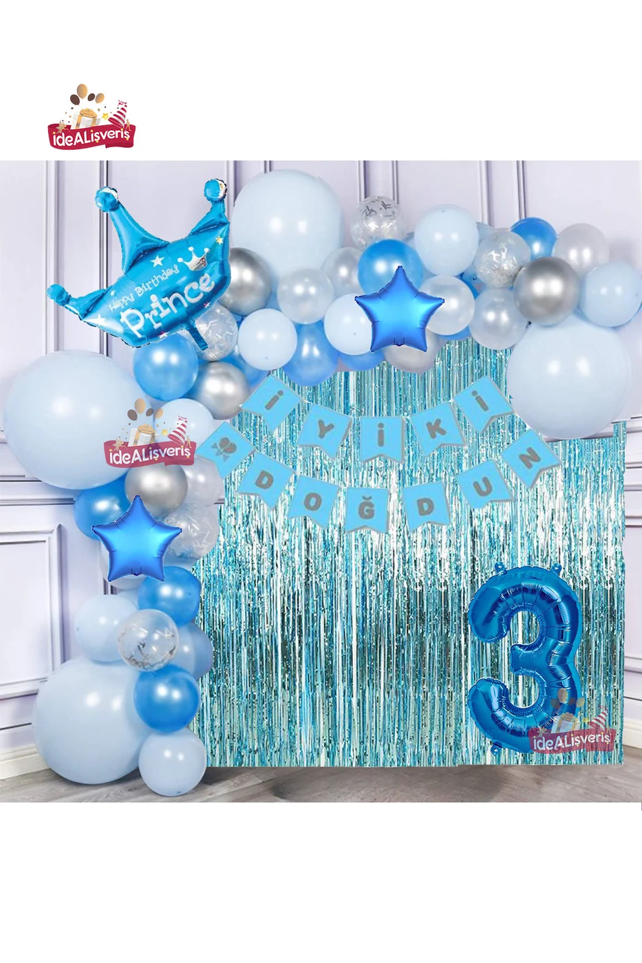 Yıldızlı Mavi Gümüş Konseptli 3 Yaş Prens Taçlı Doğum Günü Balon Zincir Seti