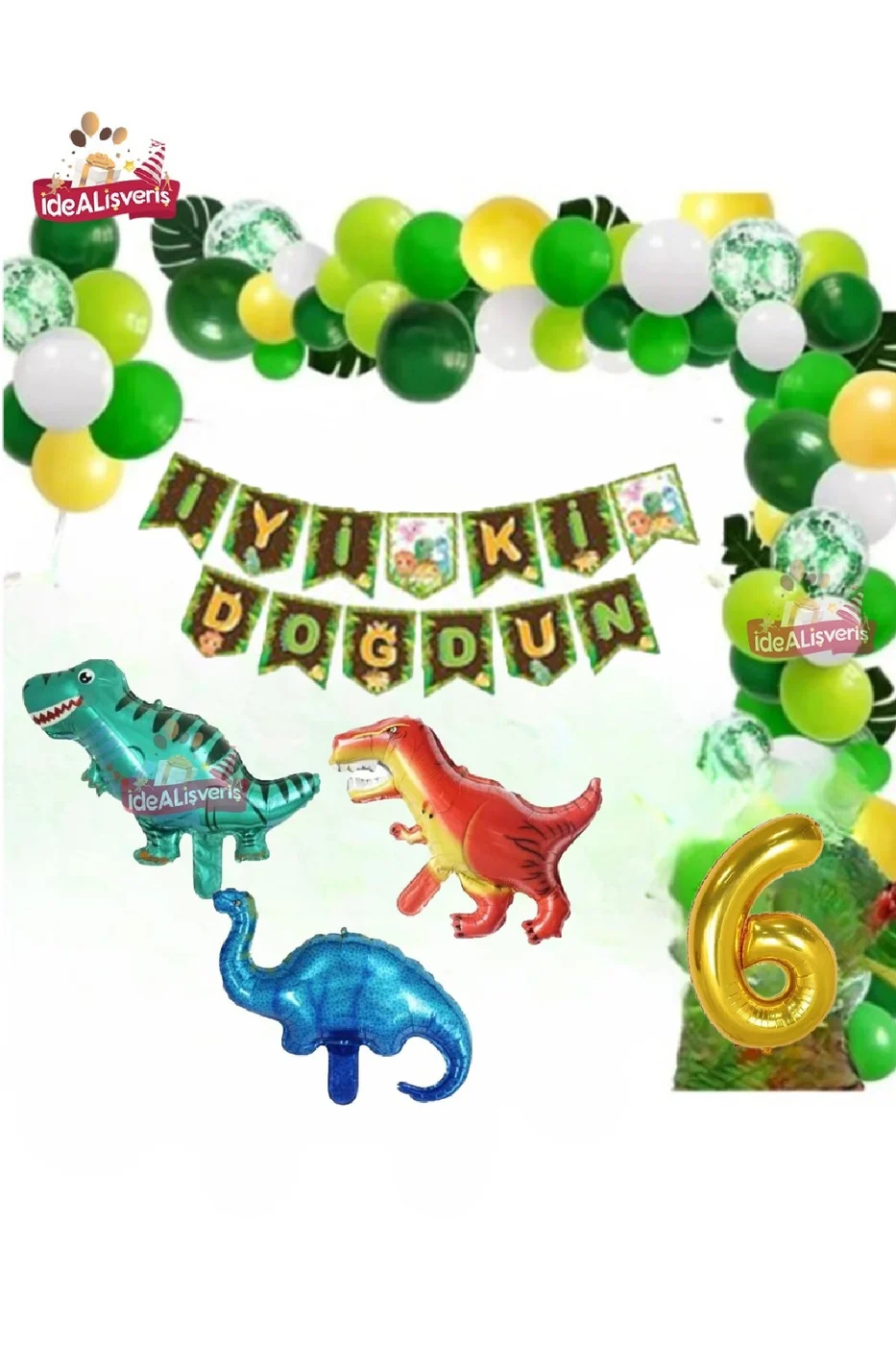 Yaş Folyolu Dinozor Temalı Folyo Balonlu Doğum Günü Parti Seti Süsü
