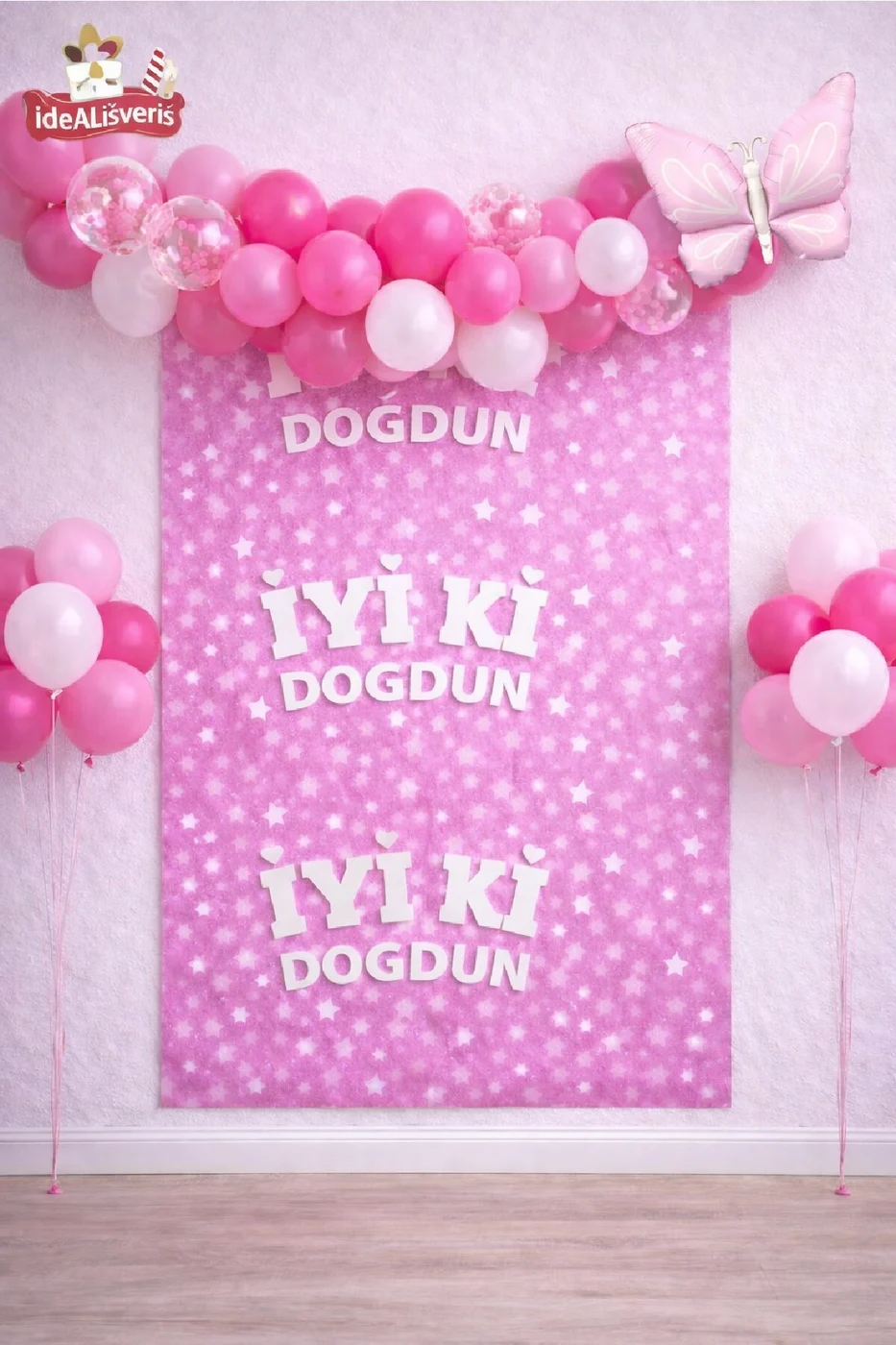 Retro Kelebekli Pembe Yaş Balonlu İyi Ki Doğdun Baskılı Arkafon Doğum Günü Parti Seti Süsü