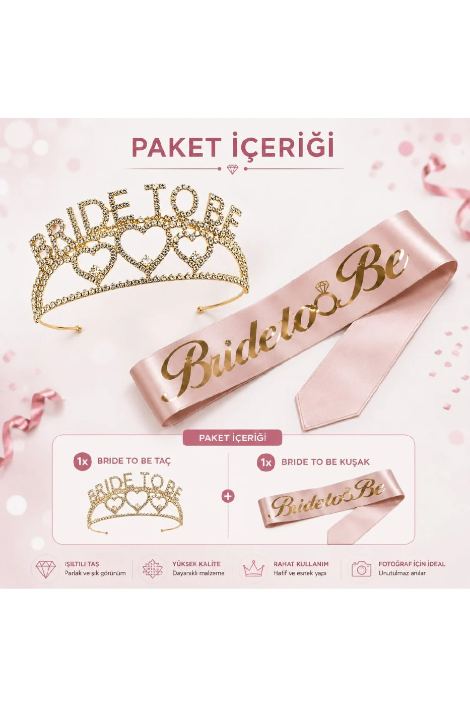 Gold Bride To Be Taç ve Kuşak Seti Bekarlığa Veda Partisi Gelin Tacı Kuşağı gorsel 7