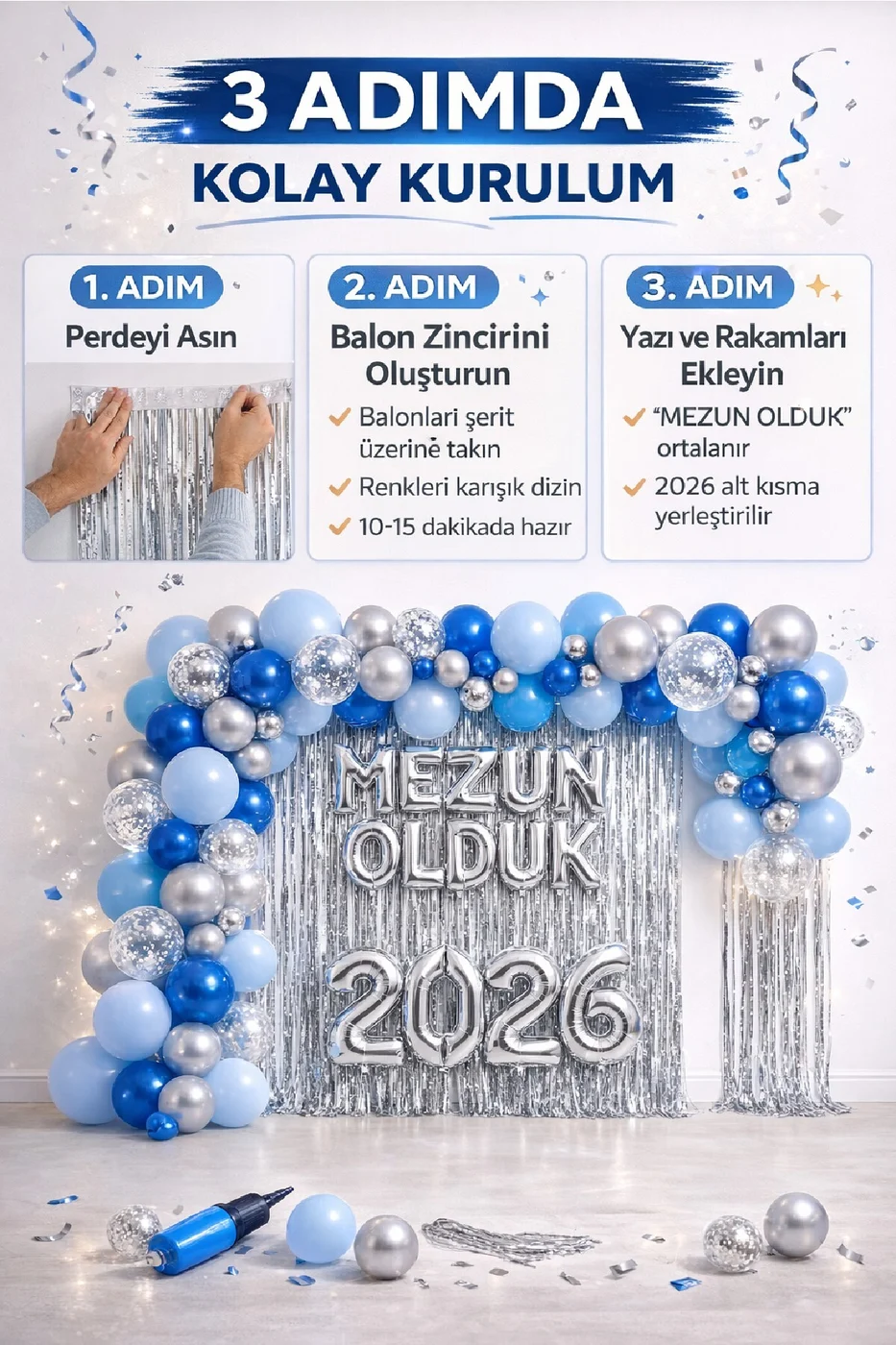 Premium Mavi Gümüş Mezuniyet Parti Seti 2026 – Mezun Olduk Arka Fonlu Balon Zincirli Konsept gorsel 4