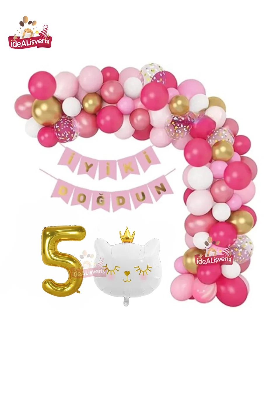 Bannerli Beyaz Kedi 5 Yaş Gold Folyo Balonlu Pembe Gold Beyaz Doğum Günü Parti Seti