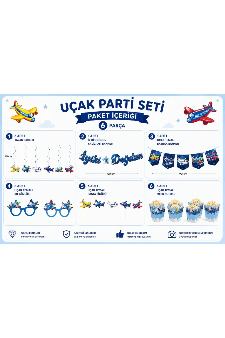 Uçak Parti Seti 6 Parça | İyi Ki Doğdun Doğum Günü Süsleri | Erkek Çocuk Parti Konsepti | Banner + Tavan Sarkıt + Pasta Figürü gorsel 5