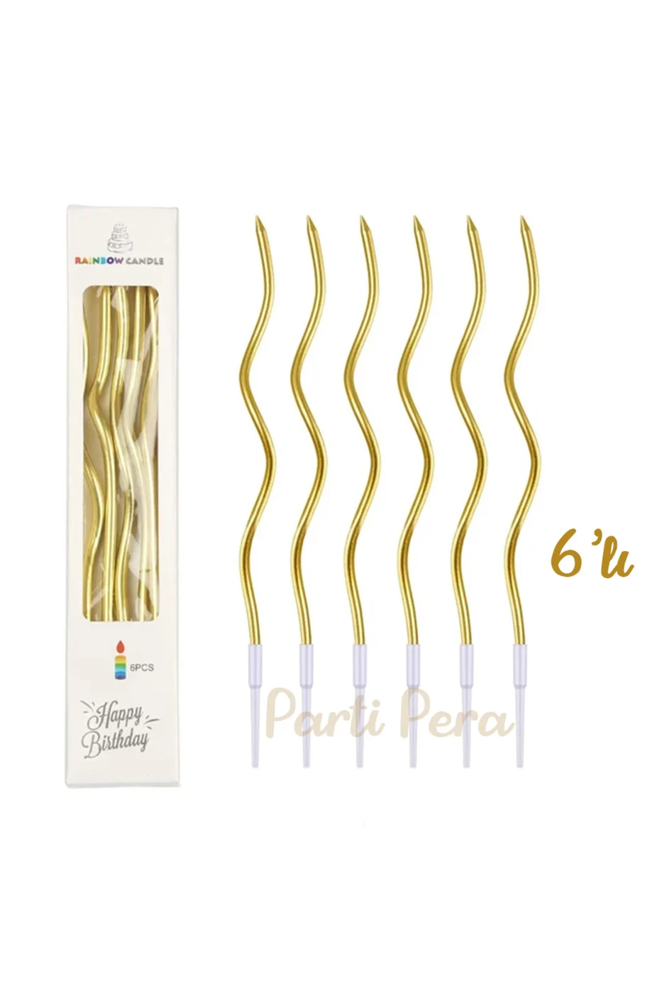 6 Lı Kıvrımlı Gold Mum 15 Cm Pasta Mumu Spiral Kıvrık Mum gorsel 2