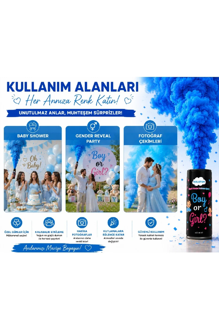 Cinsiyet Belirleme Duman Tüpü 400 ml Mavi & Pembe Gender Reveal Baby Shower Yoğun Duman Efekti gorsel 5