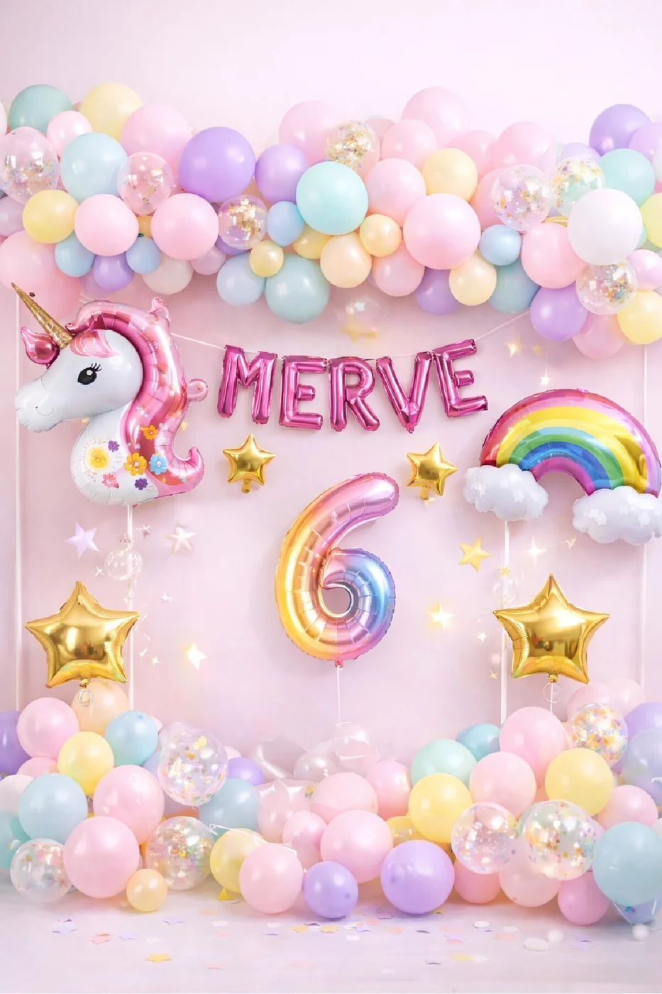 5 Harfli Kişiye Özel Unicorn Doğum Günü Süsü Pastel Balon Zinciri Gökkuşağı Unicorn Balon Parti Seti
