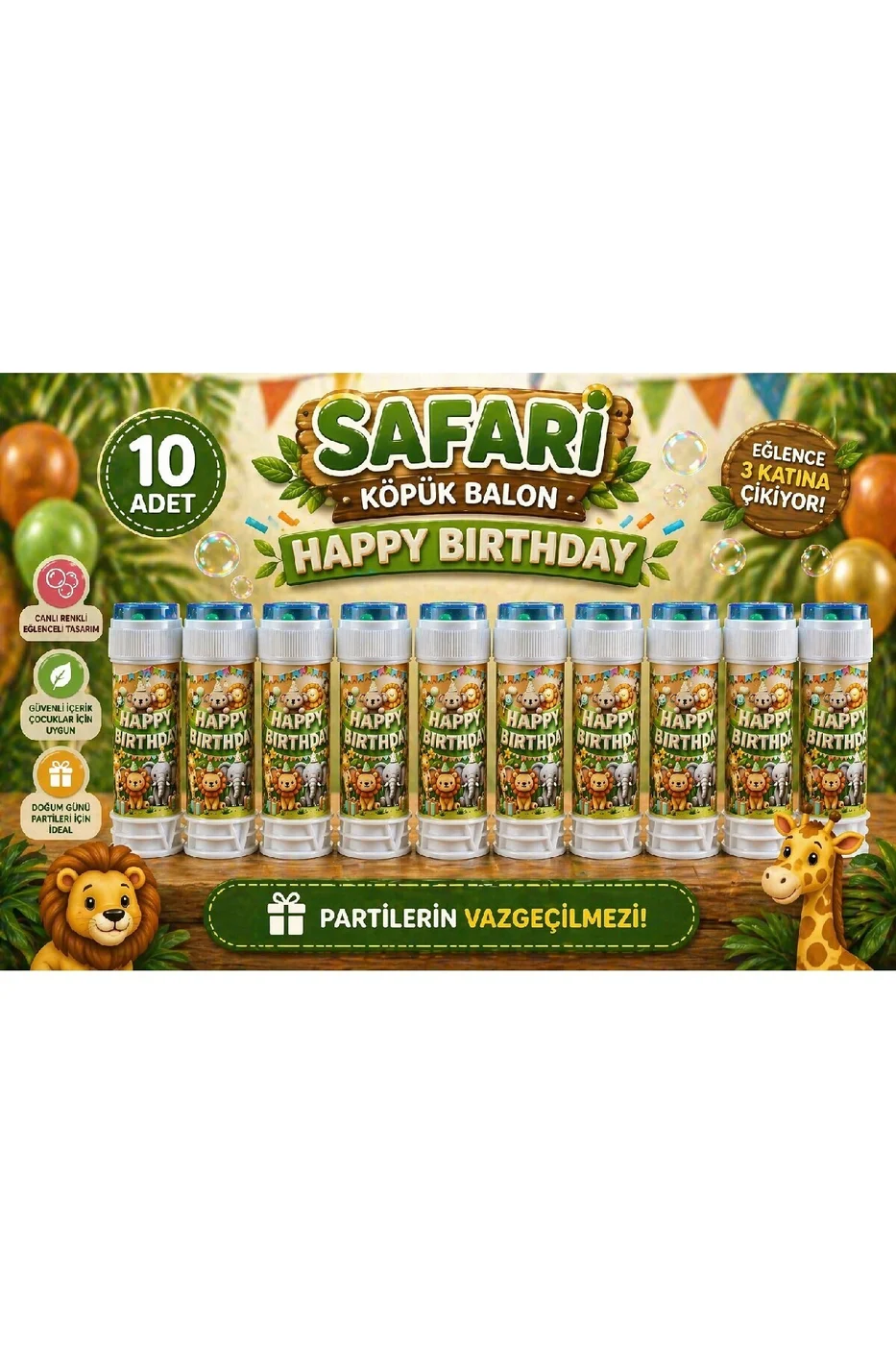 Safari Temalı Happy Birthday Köpük Balon Seti 3’lü 5’li 10’lu Doğum Günü Parti Dağıtmalık Köpük
