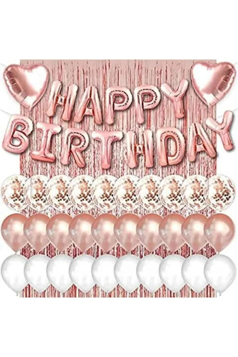 Rose Gold Pembe Happy Birthday Ve Kalp Folyo Ve 30 Rose Beyaz Şeffaf Balonlu Arka Fon Perde Set gorsel 3