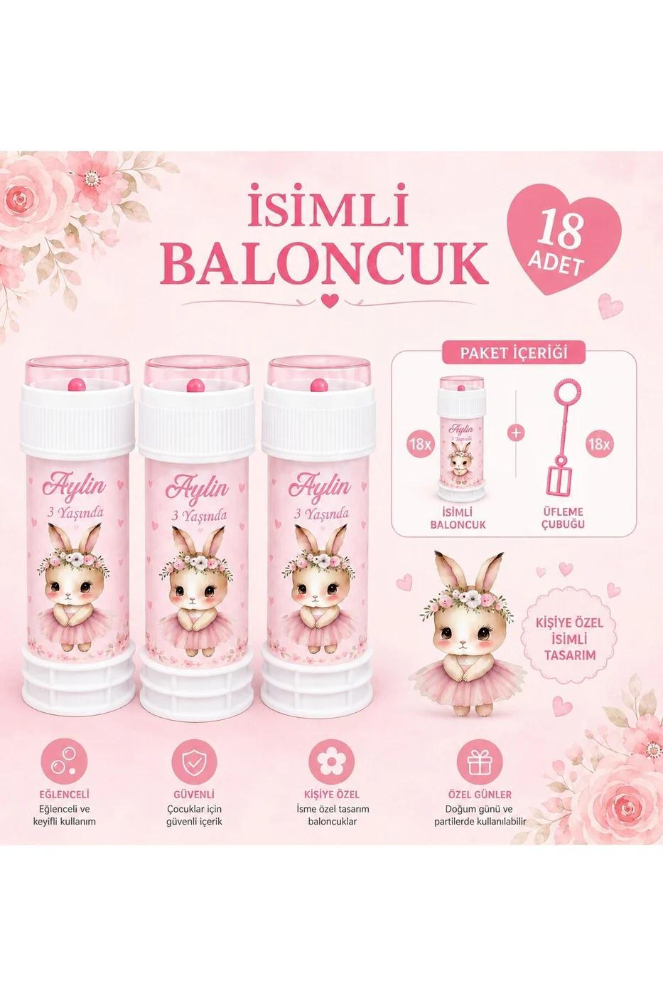 Kişiye Özel İsimli Baloncuk 18 Adet – Tavşan Temalı Doğum Günü Parti Hediyeliği Köpük Baloncuk Seti gorsel 3