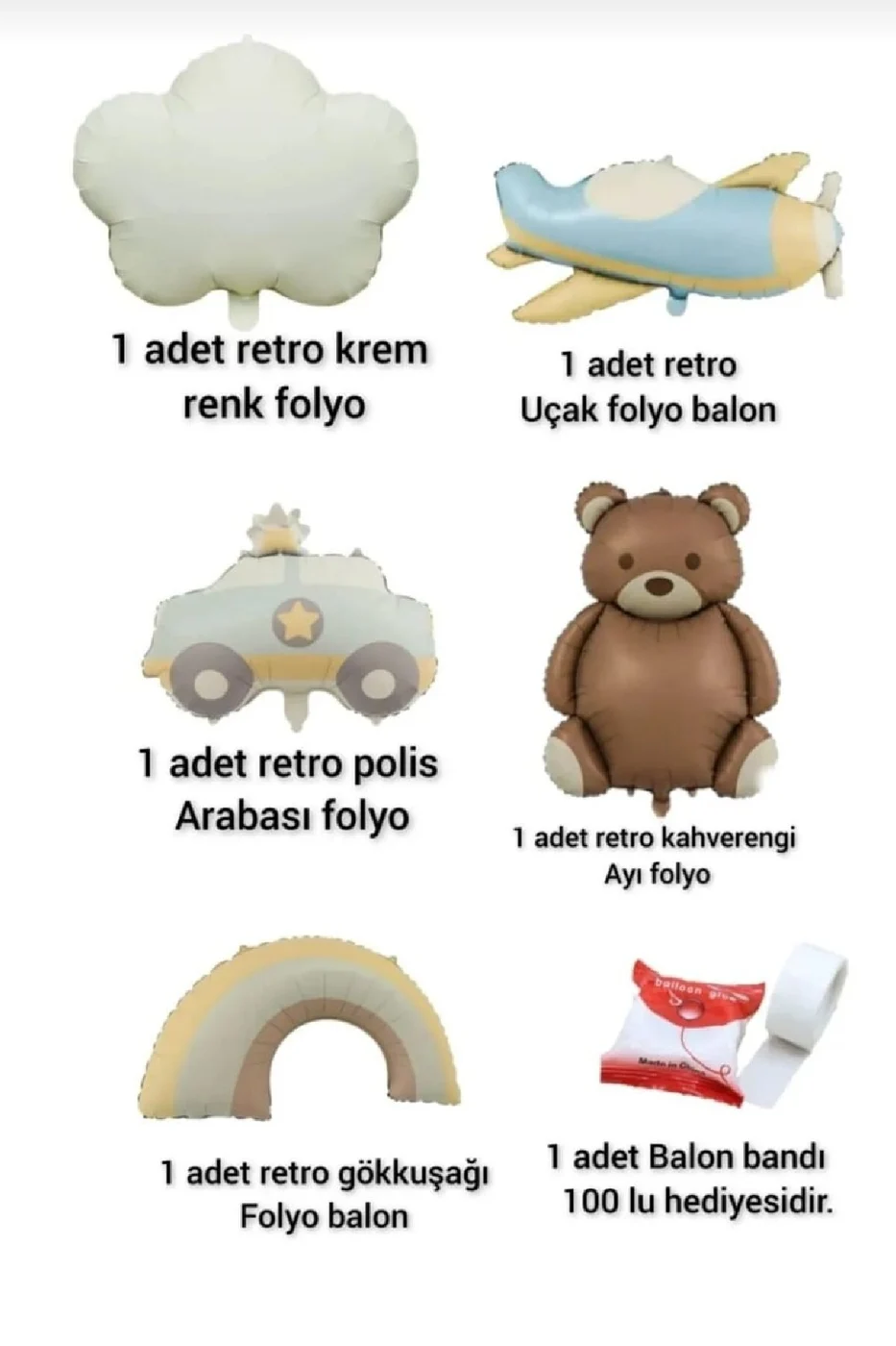 RETRO POLİS ARABASI UÇAK KREM RETRO BULUT GÖKKUŞAĞIAYIFOLYO BALONDOĞUM GÜNÜ PARTİ SETİ SÜSÜ gorsel 2