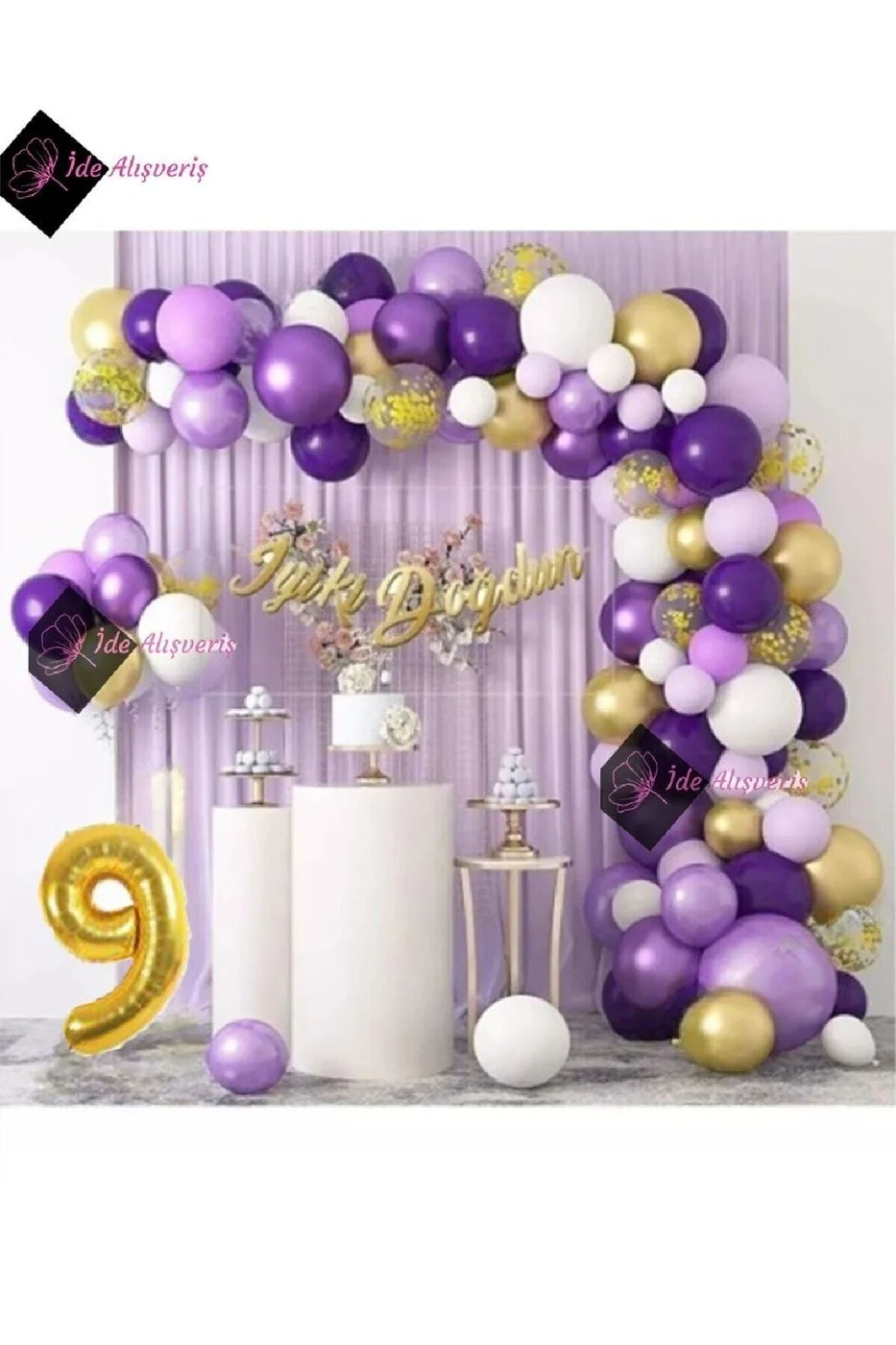 9 Yaş Macaron Mor Balon Zinciri Seti Gölge Mor Altın Balon Dekorasyon gorsel 2