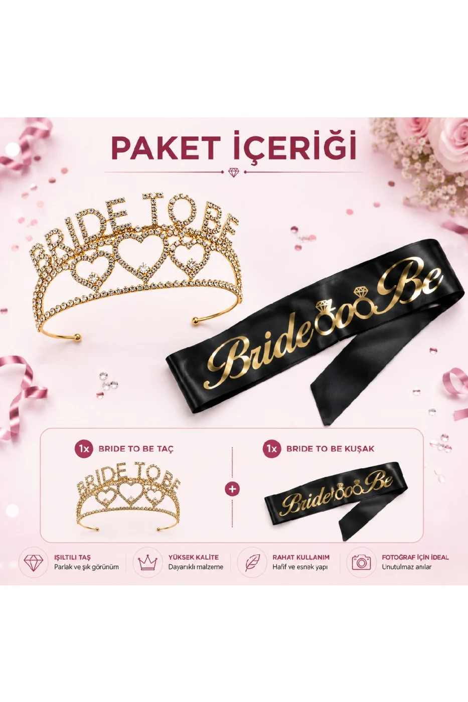 Gold Bride To Be Taç ve Kuşak Seti Bekarlığa Veda Partisi Gelin Tacı Kuşağı gorsel 3