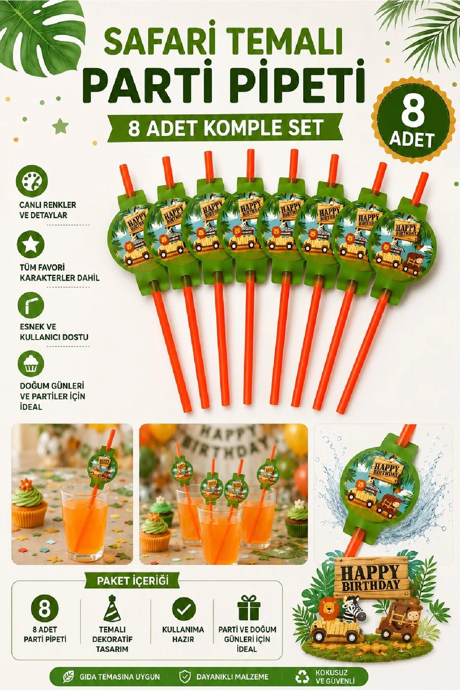 Safari Temalı Parti Pipeti 8 Adet | Doğum Günü Parti Süsleri | Çocuk Parti Malzemeleri | Dekoratif Pipet Seti gorsel 5