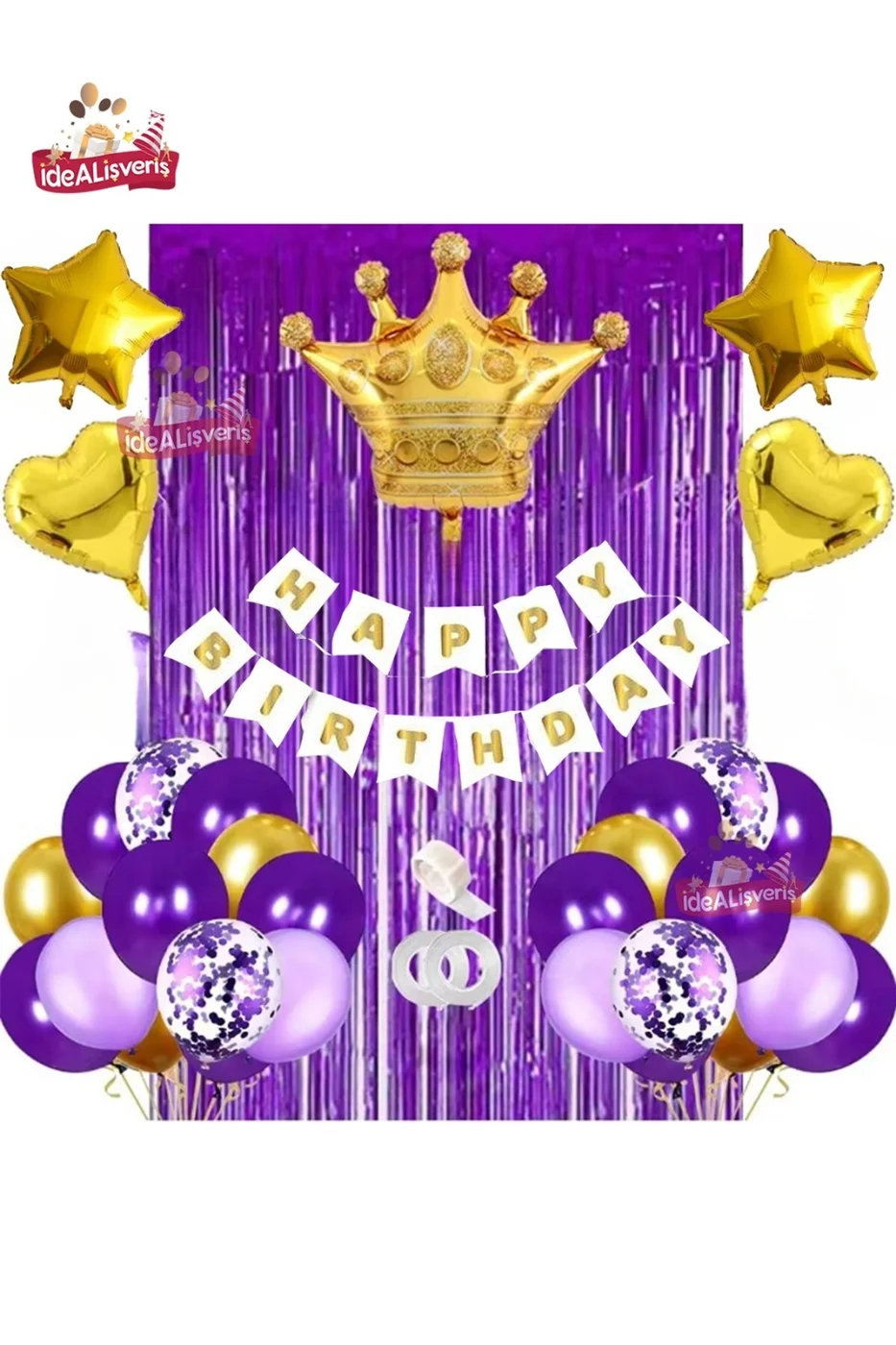 Happy Birthday Beyaz Bannerlı Mor Lila Gold Doğum Günü Balon Zincir Seti gorsel 2