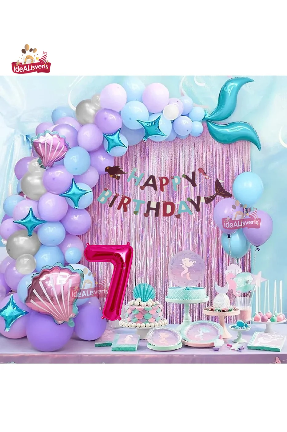 7 Yaş Deniz Kızı Banner Balon Mavi Mor Balonlar Folyo Saçak Perde Seti Doğum Günü Parti Süsü