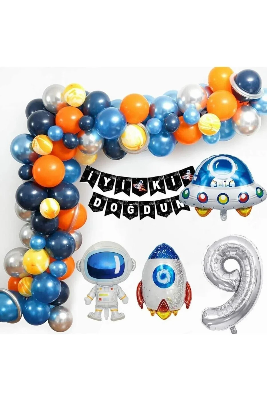 Uzay Temalı Doğum Günü Seti 9 Yaş; 4 Adet Folyo, 50 Lateks Balon, Banner, Balon Zinciri, Balon Bandı