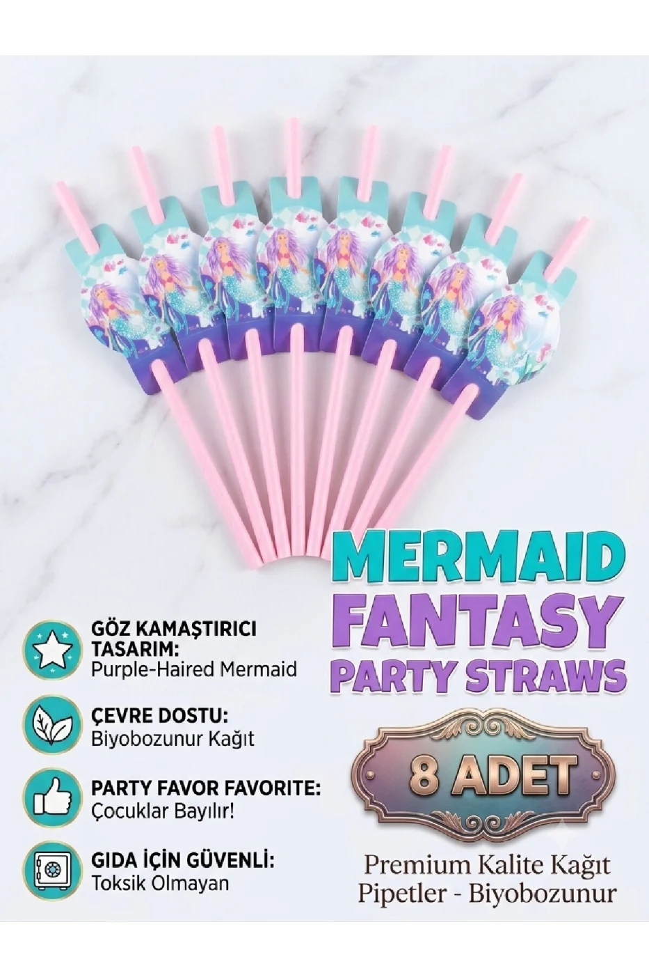 Deniz Kızı Konsept Doğum Günü Pipeti Mermaid 8 Adet Parti Aksesuarı gorsel 6