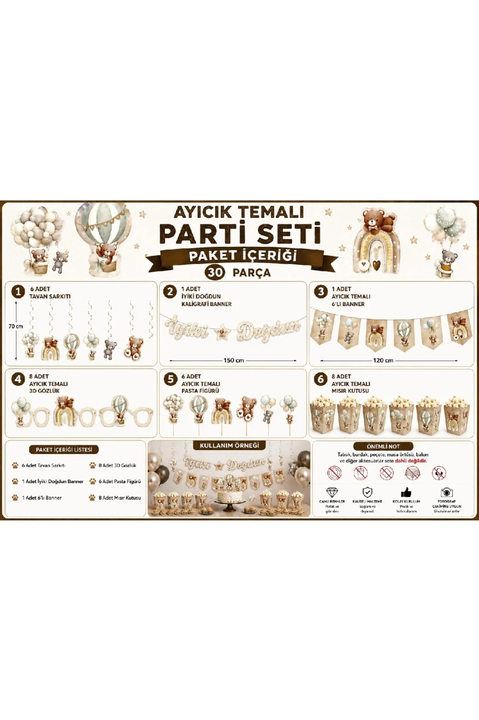 Ayıcık Parti Seti 30 Parça Teddy Bear İyi Ki Doğdun Doğum Günü Süsleri Banner Gözlük Pasta Figürü Mısır Kutusu Bebek Parti Konsepti gorsel 4