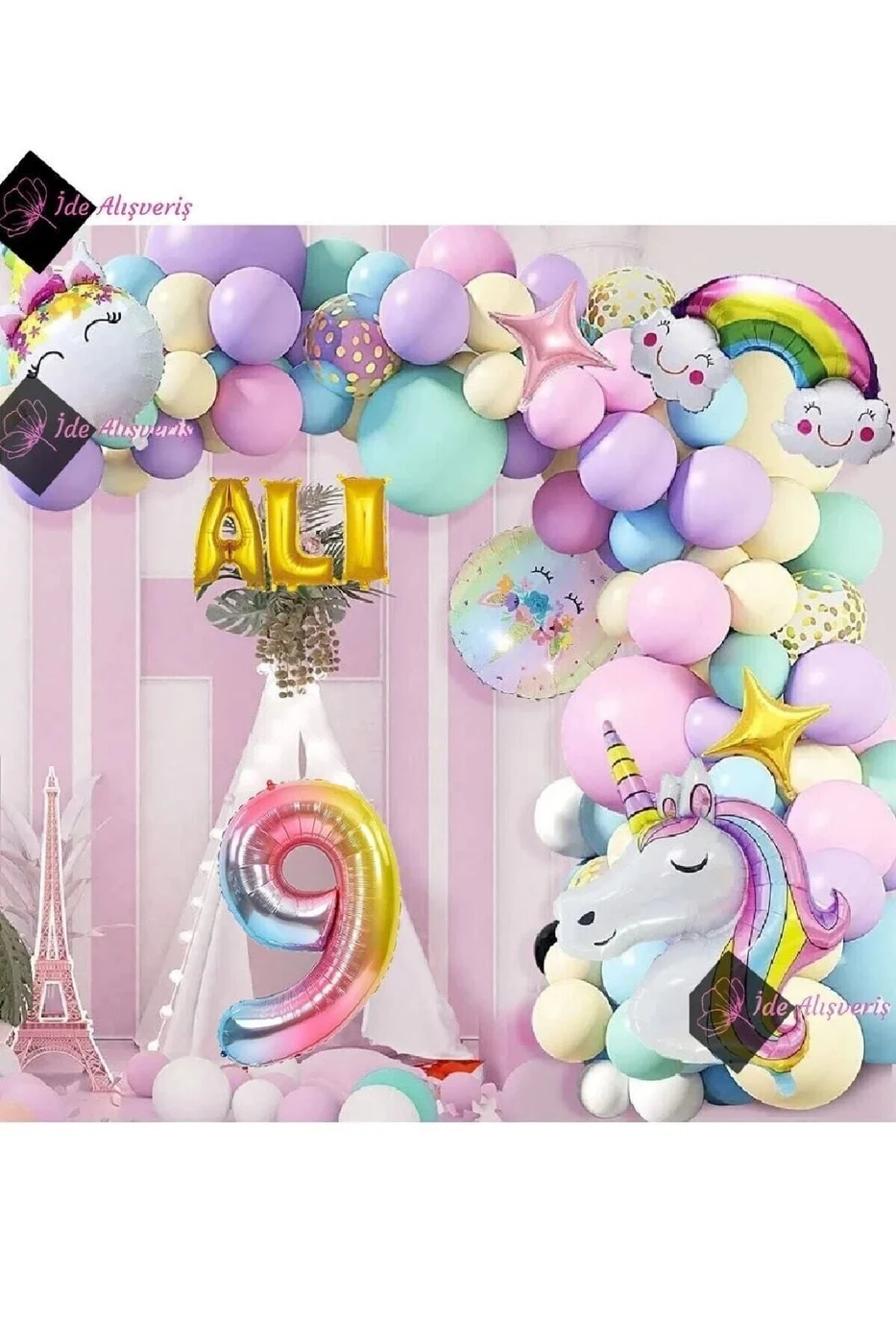 9 Yaş Ve 3 Harfli Gökkuşağı Konsepti Unicorn Temalı Makaron Balon Doğum Günü Parti Kutlama Seti gorsel 2