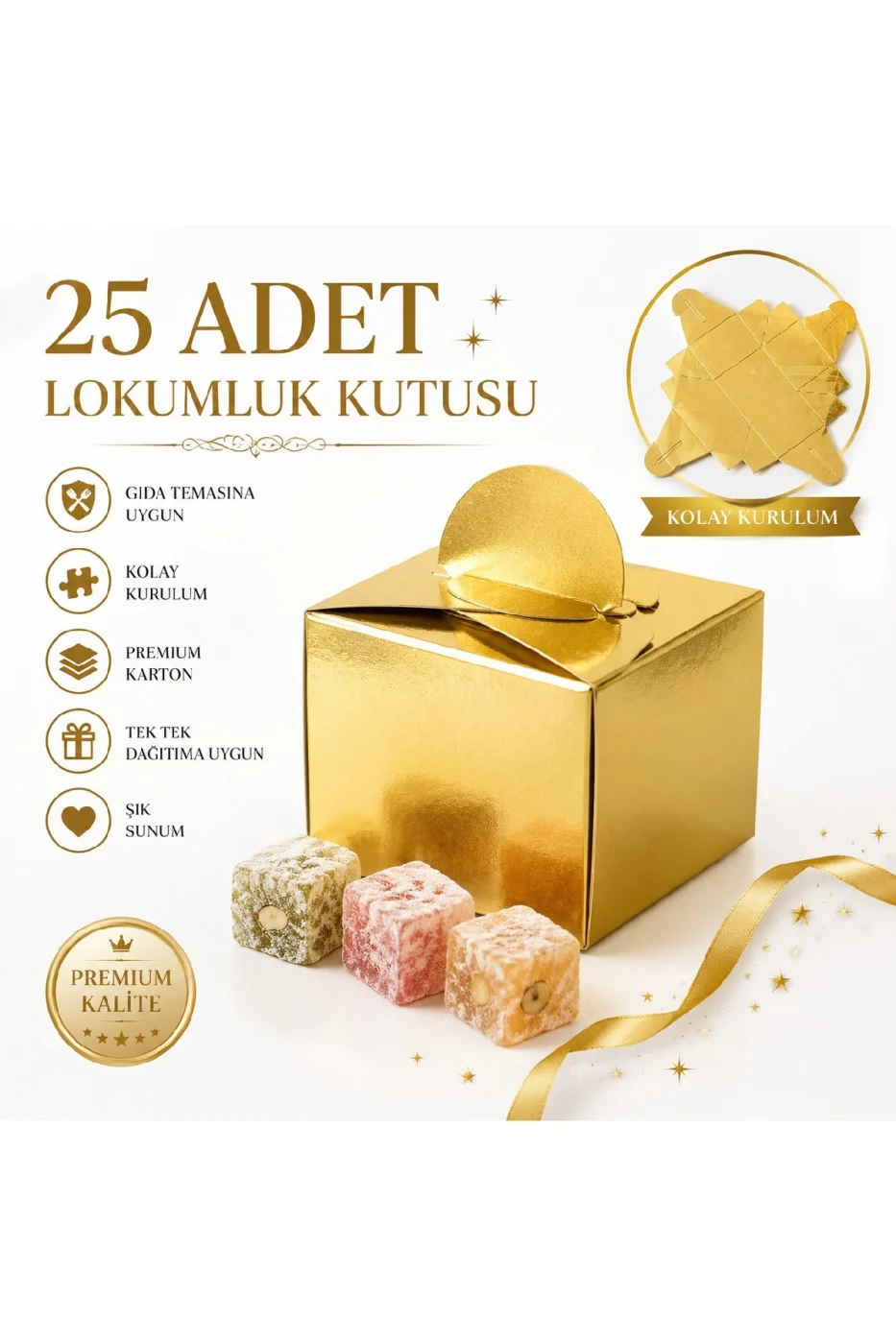 25 Adet Gold Gümüş Lokumluk Kutusu | Söz Nişan Düğün Mevlit Hediyelik Karton Lokum Kutusu | Premium Gold Gümüş gorsel 6