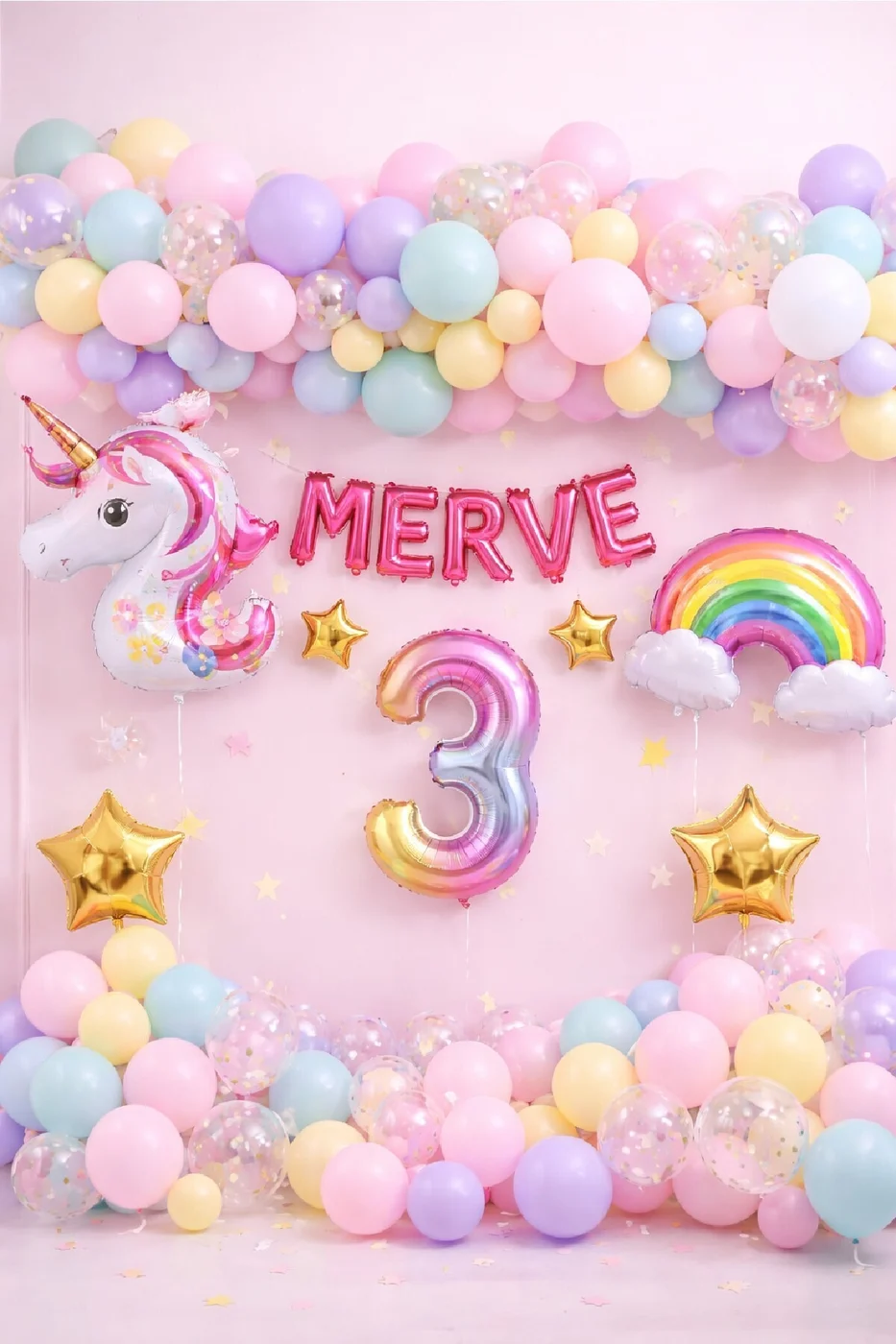 5 Harfli Kişiye Özel Unicorn Doğum Günü Süsü Pastel Balon Zinciri Gökkuşağı Unicorn Balon Parti Seti