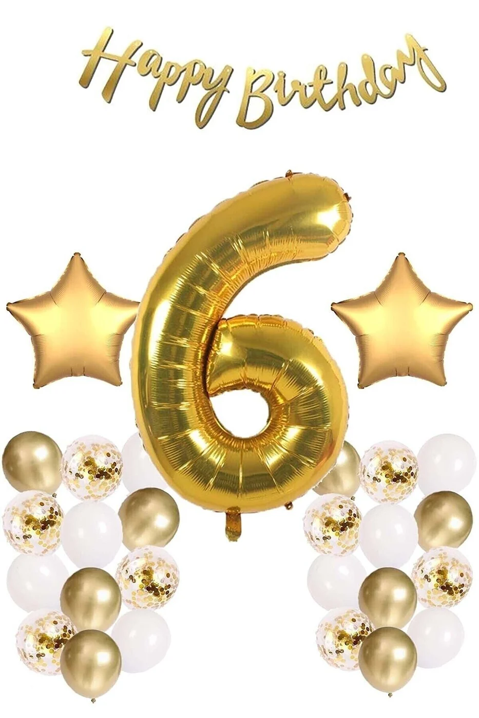 Gold Konsept Doğum Günü Kutlama Seti; Beyaz Gold Konfetili Balon, Rakam Yıldız Folyo Ve Banner