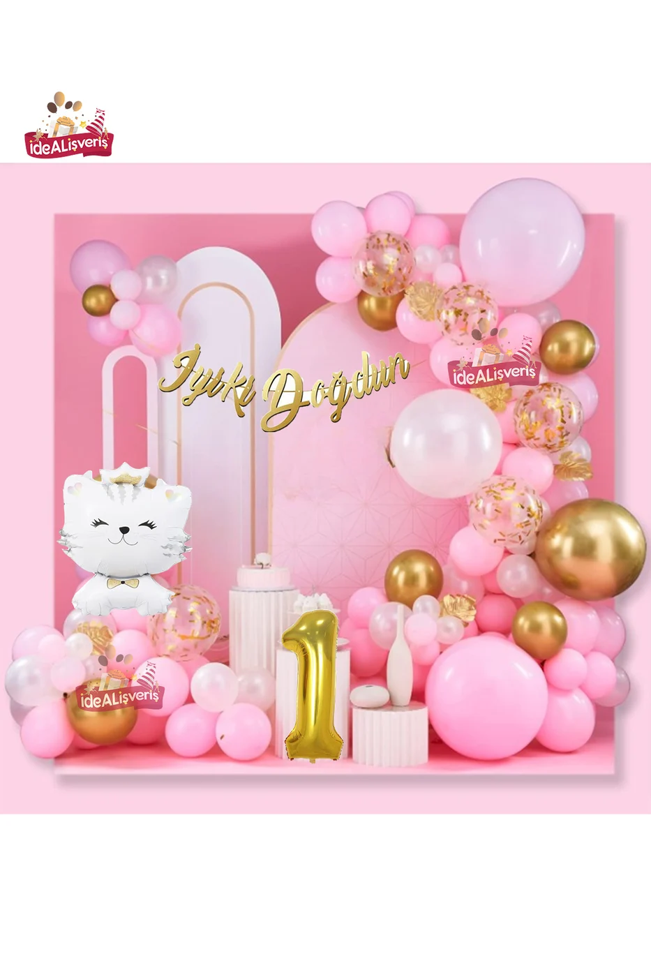 Sevimli Kedi Gold 1 Yaş Folyo Balonlu İyi Ki Doğdun Yazılı Pembe Gold Konsept Doğum Günü Parti Seti