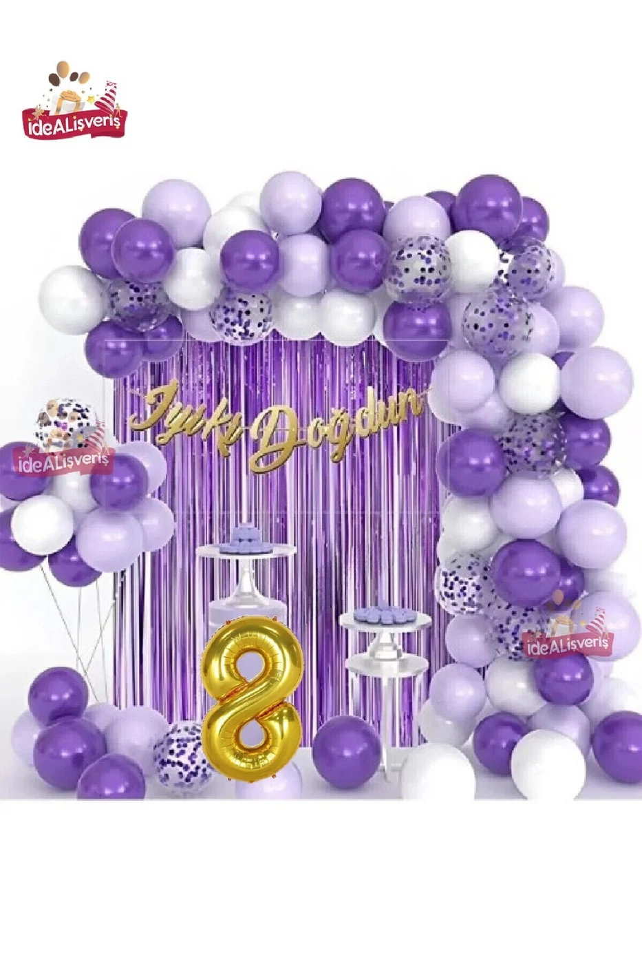 Lüks Mor Lila Beyaz Gold Yaş Folyolu Doğum Günü Balon Zincir Seti