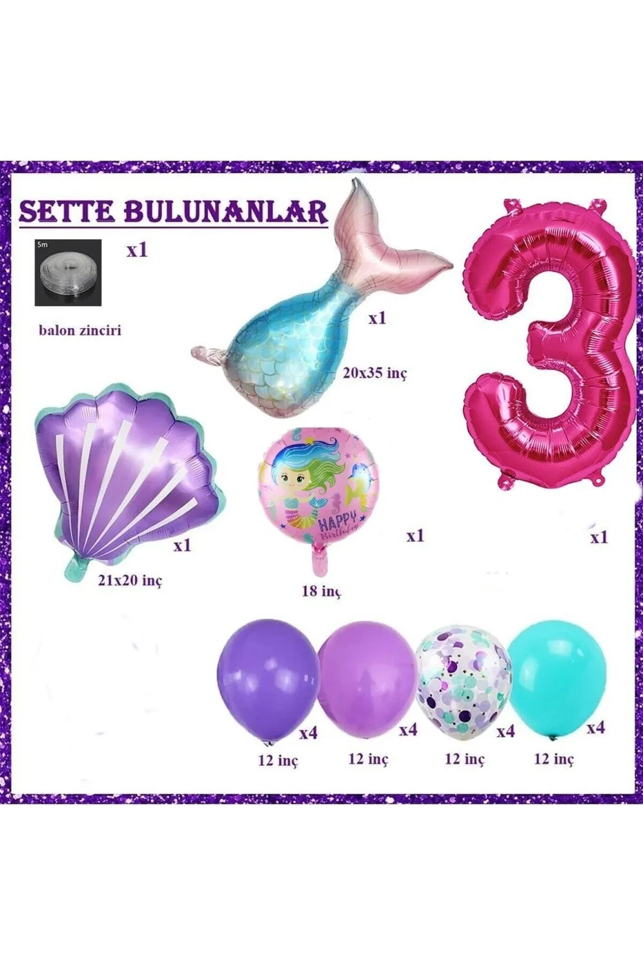 Küçük 3 Yaş Deniz Kızı Temalı Doğum Günü Parti Kutlama Seti Konsept gorsel 2