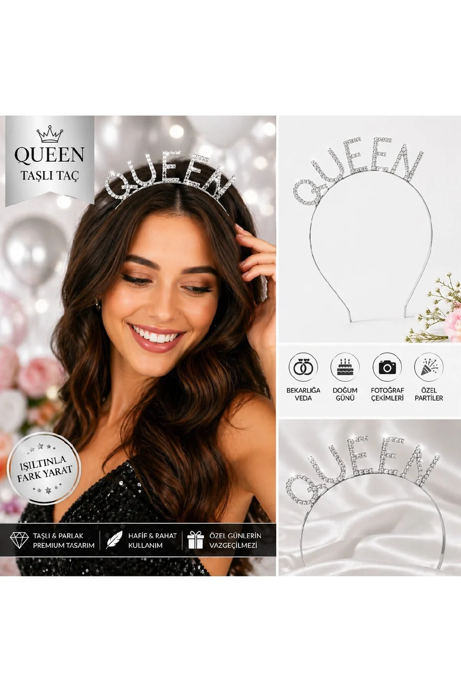 Queen Taşlı Taç Gümüş – Bekarlığa Veda & Doğum Günü Parti Tacı gorsel 6