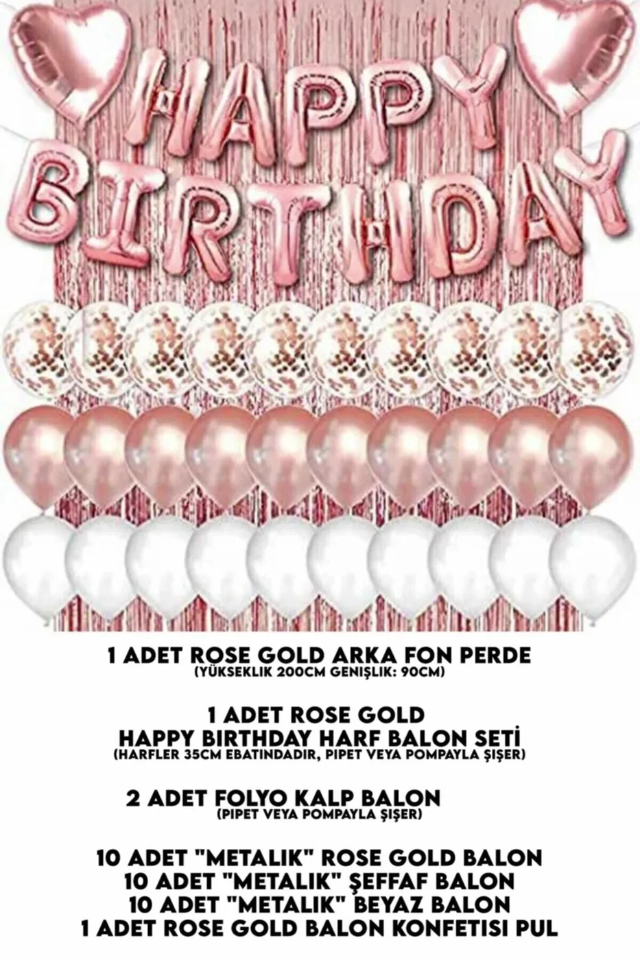 Rose Gold Pembe Happy Birthday Ve Kalp Folyo Ve 30 Rose Beyaz Şeffaf Balonlu Arka Fon Perde Set gorsel 2
