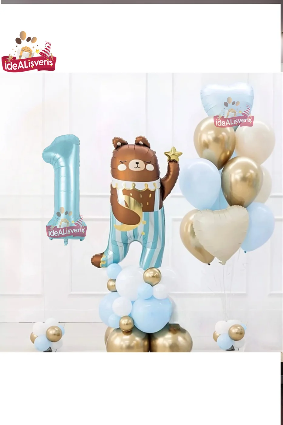 SEVİMLİ TEDDY BEAR AYI FOLYOLU 1 YAŞ MAVİ FOLYOLU DOĞUM GÜNÜ PARTİ SETİ SÜSÜ