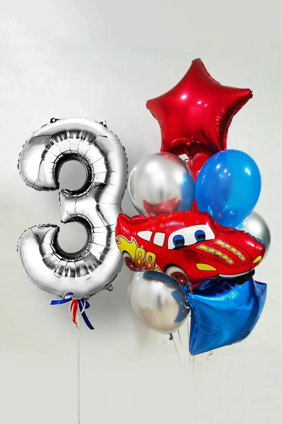 3 Yaş Şimşek Araba Temalı Balon Seti 76cm Gümüş Rakam Balonlu Yıldızlı Set
