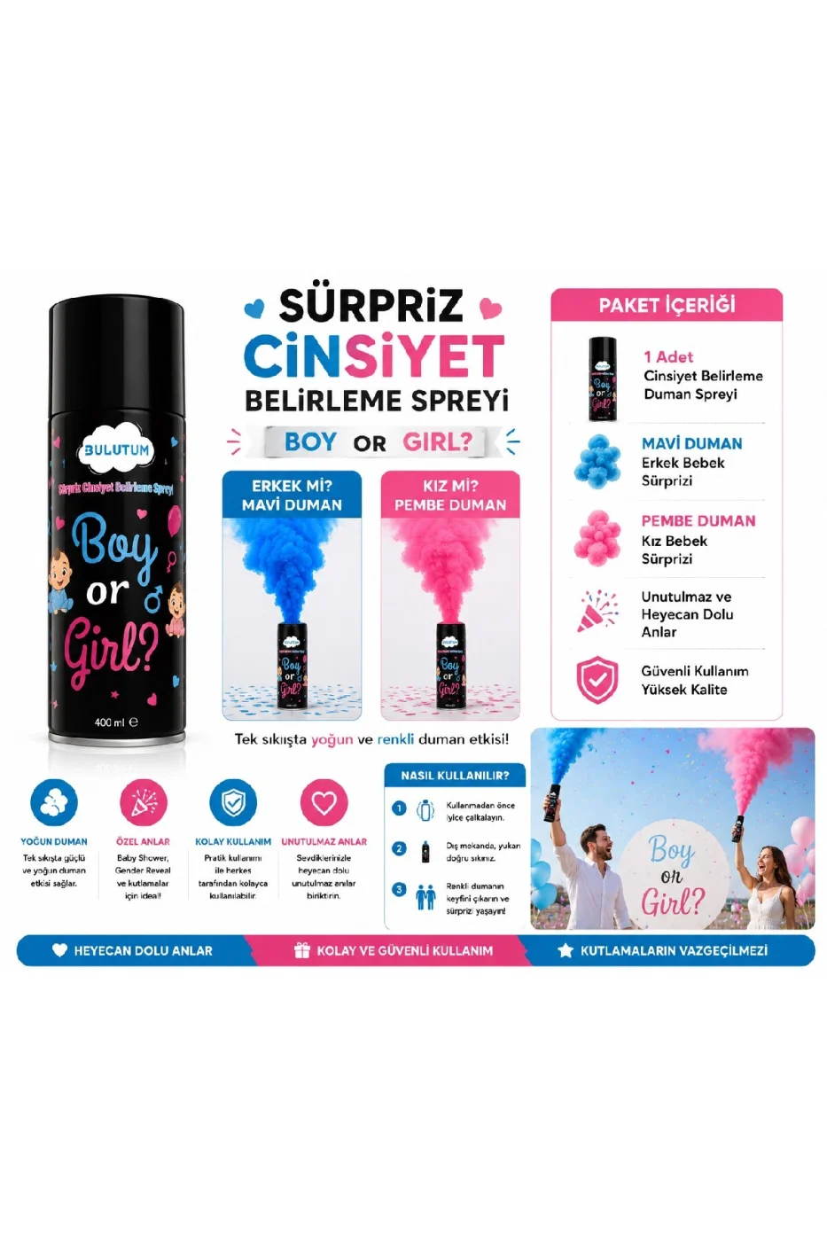Cinsiyet Belirleme Duman Tüpü 400 ml Mavi & Pembe Gender Reveal Baby Shower Yoğun Duman Efekti gorsel 3