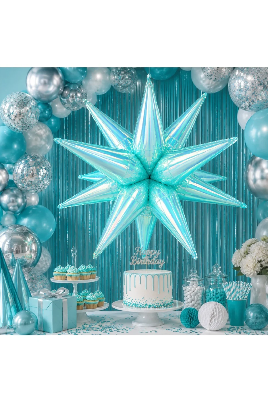 22 İnç Holografik 3D Kutup Yıldız Folyo Balon Neon (Renk) Parti Süsü Helyum Uyumlu 56 cm gorsel 2