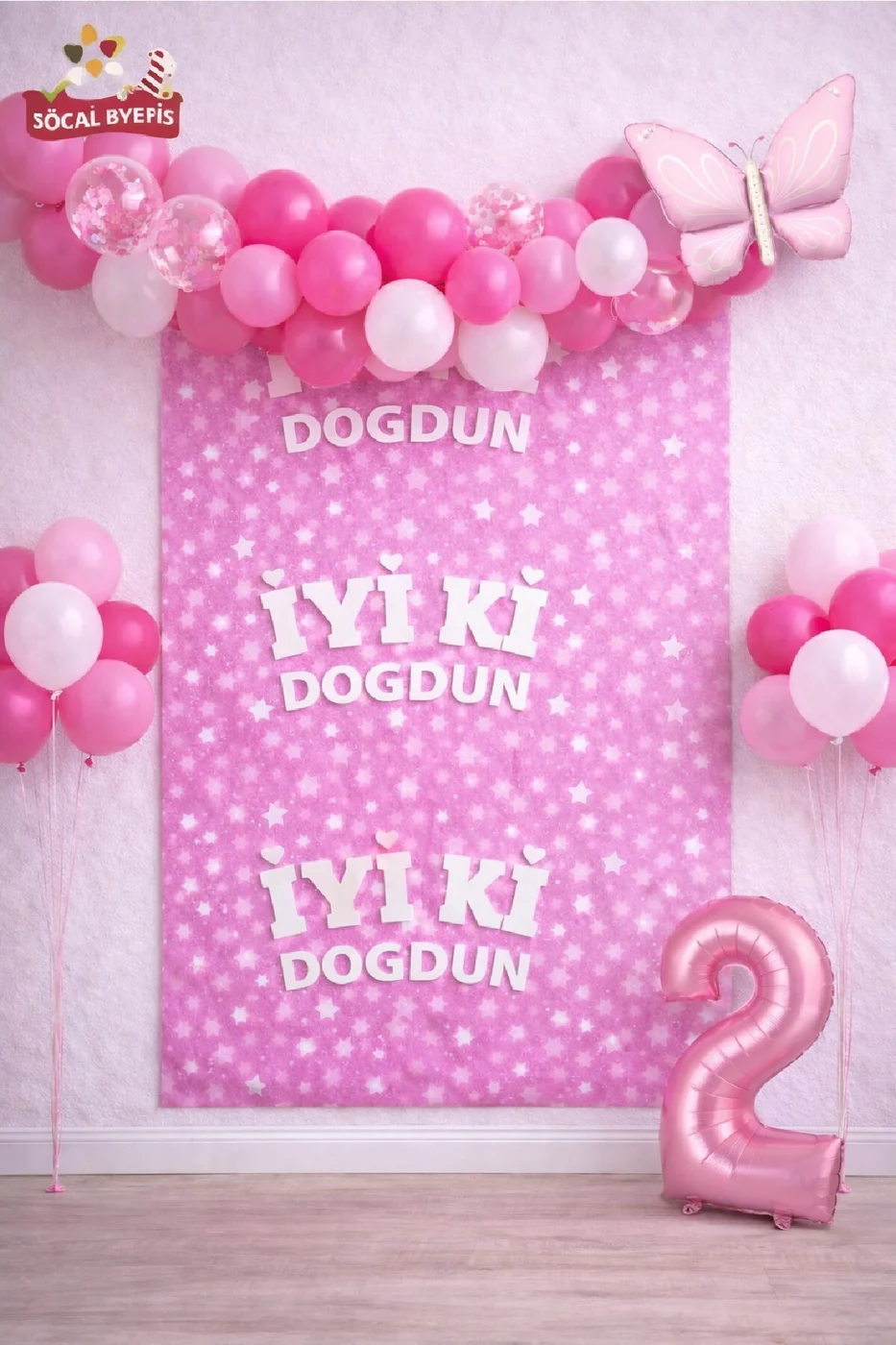 Retro Kelebekli Pembe Yaş Balonlu İyi Ki Doğdun Baskılı Arkafon Doğum Günü Parti Seti Süsü