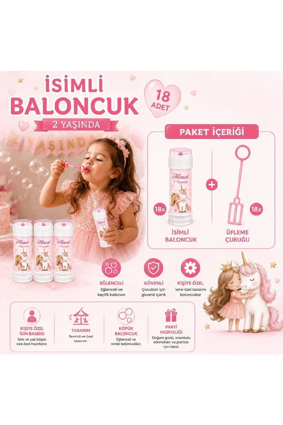 Kişiye Özel İsimli Köpük Baloncuk 18 Adet Prenses ve Unicorn Temalı Doğum Günü Parti Hediyeliği Kız Konsept gorsel 2