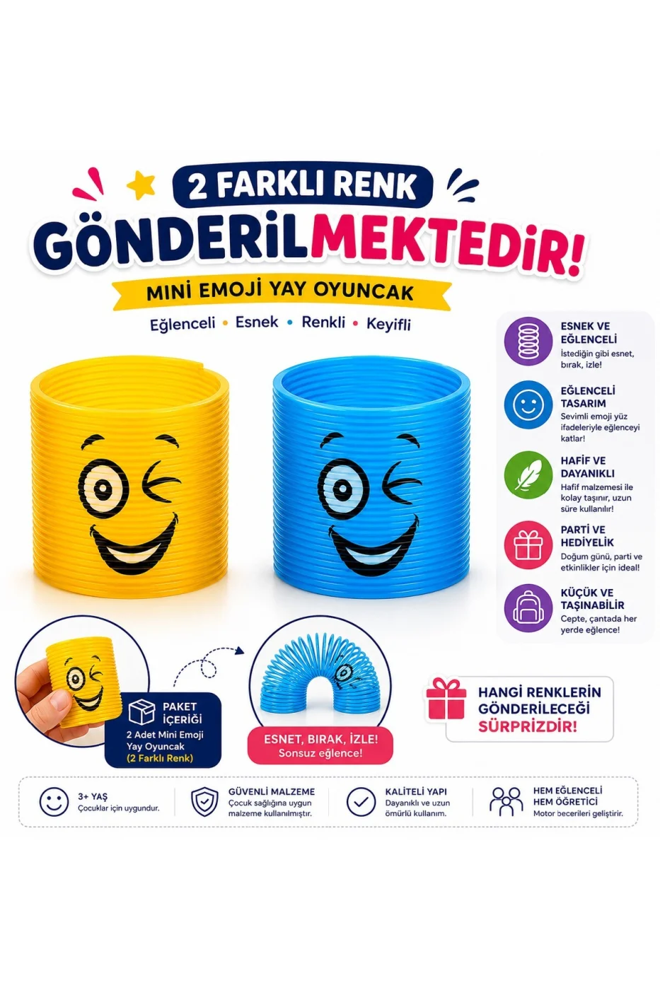 Mini Emoji Yay Oyuncak 2'li | Renkli Esnek Slinky Yay | Çocuk Oyuncağı | Parti Hediyeliği | Stres Oyuncağı gorsel 4