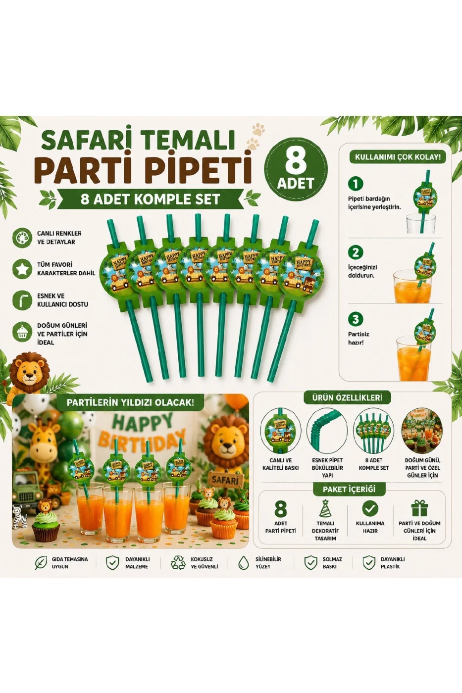 Safari Temalı Parti Pipeti 8 Adet | Doğum Günü Parti Süsleri | Çocuk Parti Malzemeleri | Dekoratif Pipet Seti gorsel 2
