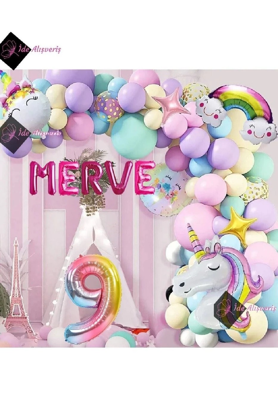 5 Harfli 9 Yaş Gökkuşağı Konsepti Unicorn Temalı Makaron Balon Doğum Günü Parti Kutlama Seti gorsel 2