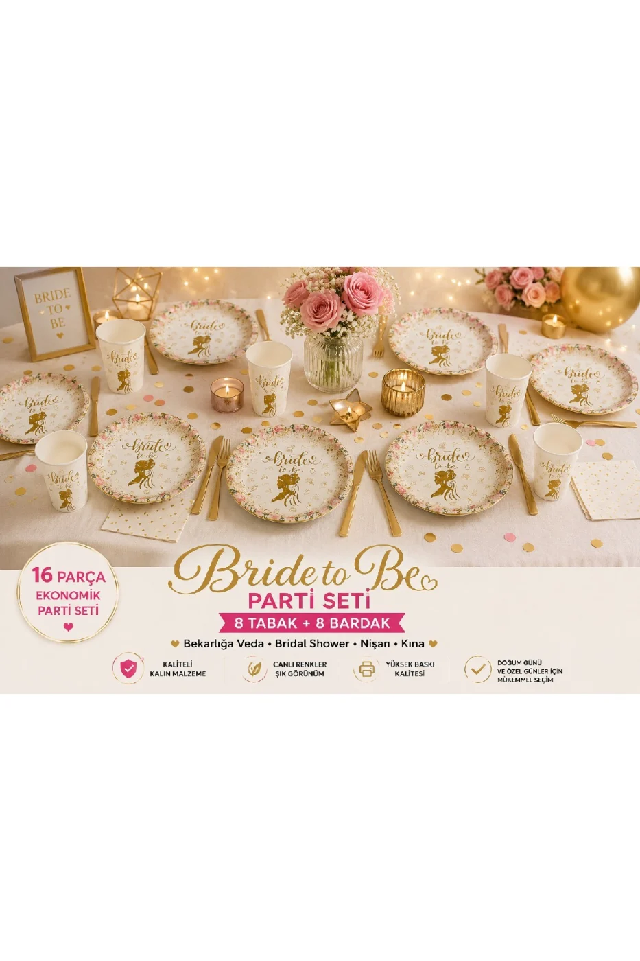✨ Bride to Be Parti Seti 16 Parça | 8 Tabak 8 Bardak | Bekarlığa Veda, Bridal Shower, Nişan ve Kına Konsepti gorsel 2