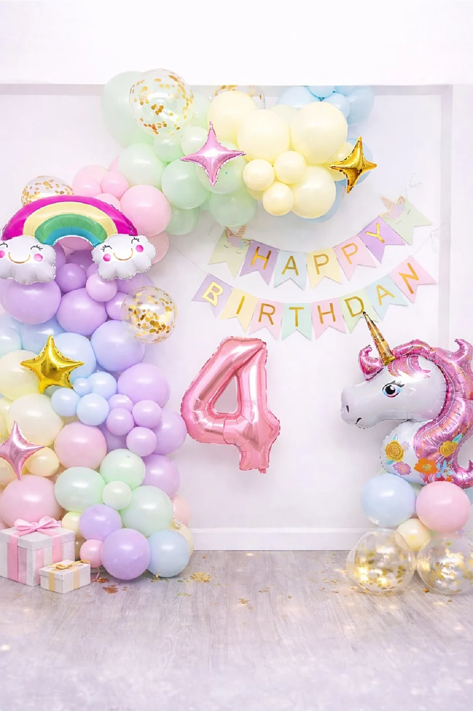 Yaş Balonlu Unicorn Temalı Pastel Doğum Günü Süsleme Seti Balon Zincirli Deluxe Parti Seti Konsepti