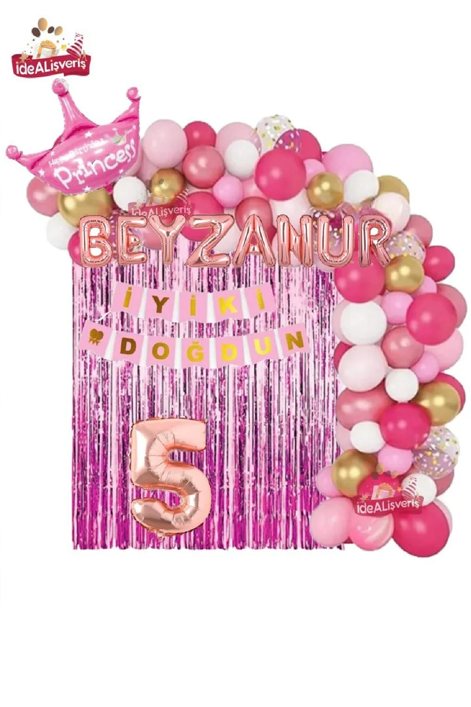 7 Harfli Rose İsimli Pembe Beyaz Konseptli Kraliçe Taçlı Doğum Günü Balon Zincir Parti Seti Süsü gorsel 5