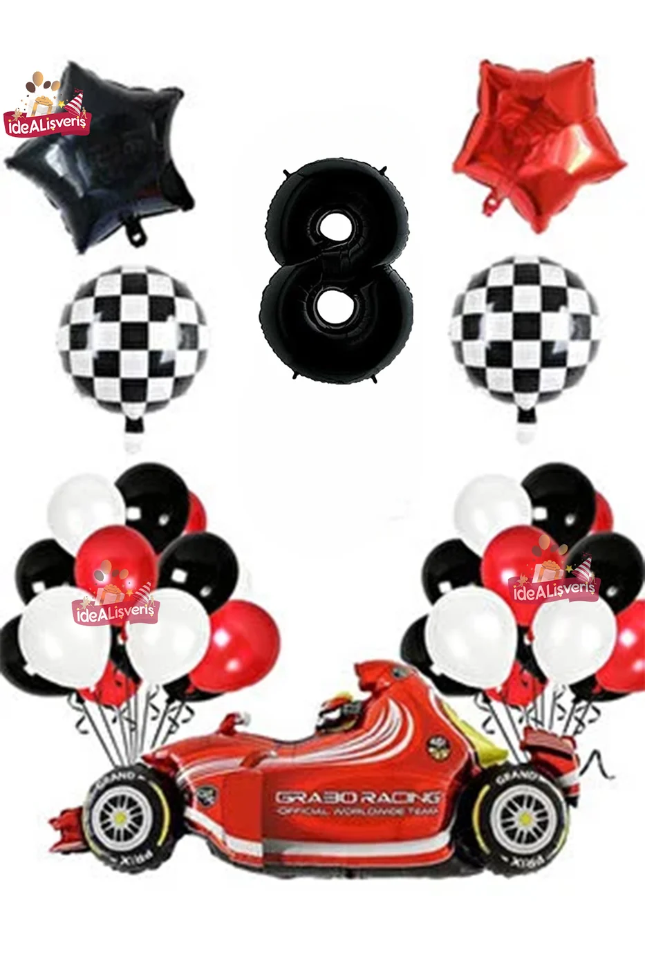 Formula Yarış Arabası 8 Yaş Siyah Kırmızı Beyaz Konsept Doğum Günü Parti Seti