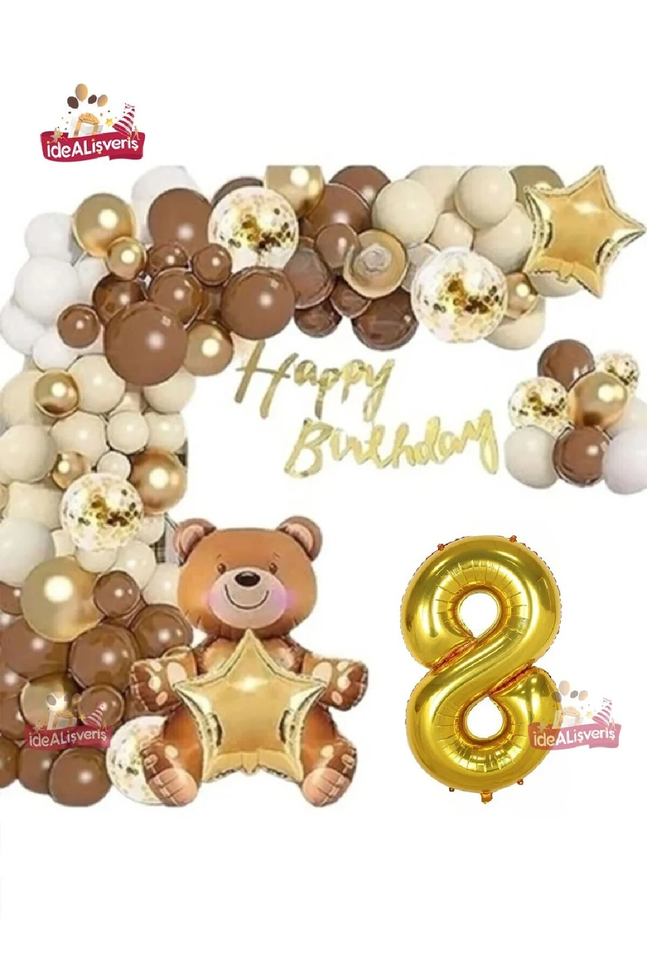 LÜKS KAHVERENGİ OTURAN AYI 8 YAŞ BALON SETİ DOĞUM GÜNÜ SÜSÜ PARTİ SETİ gorsel 2