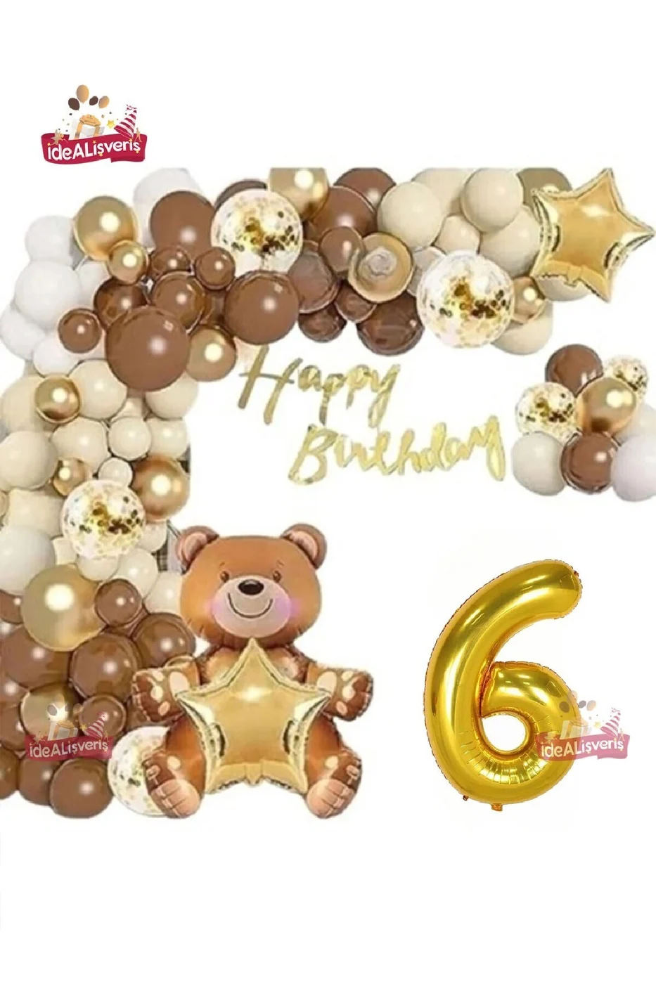 LÜKS KAHVERENGİ OTURAN AYI 6 YAŞ BALON SETİ DOĞUM GÜNÜ SÜSÜ PARTİ SETİ gorsel 3