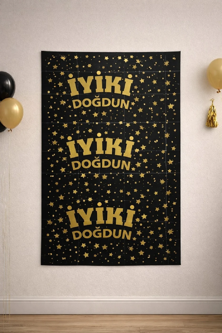 İYİKİ DOĞDUN BASKILI METALİZE ARKA FON PERDE DOĞUM GÜNÜ PARTİ SET SÜSÜ gorsel 4